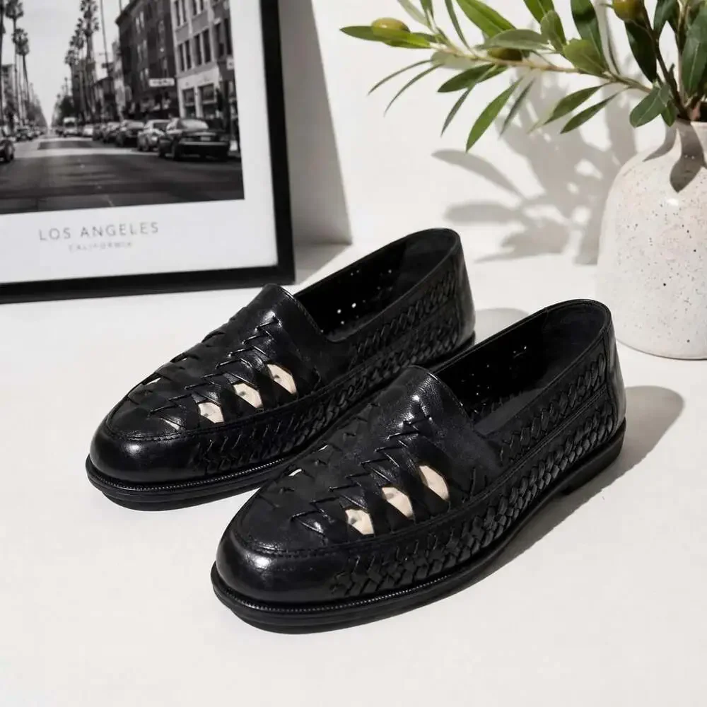 Giorgio Brutini Black Leather Woven Cut-Out Loafers